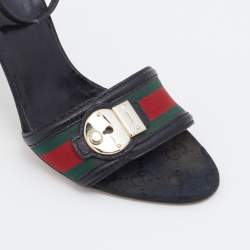 Gucci Black Leather Web Lock Charm Detail Ankle Strap Sandals Size 36.5