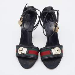 Gucci Black Leather Web Lock Charm Detail Ankle Strap Sandals Size 36.5