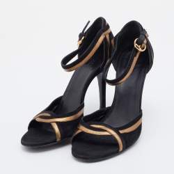 Pre Owned Gucci Black/Gold Suede And Leather Ankle Strap Sandals Size 38.5