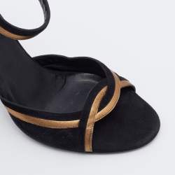 Pre Owned Gucci Black/Gold Suede And Leather Ankle Strap Sandals Size 38.5