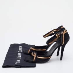 Pre Owned Gucci Black/Gold Suede And Leather Ankle Strap Sandals Size 38.5