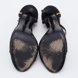 Pre Owned Gucci Black/Gold Suede And Leather Ankle Strap Sandals Size 38.5
