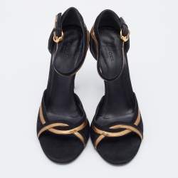 Pre Owned Gucci Black/Gold Suede And Leather Ankle Strap Sandals Size 38.5