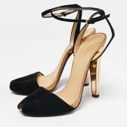 Gucci Black/Gold Suede Peep Toe Ankle Strap Sandals Size 38