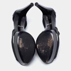 Pre Owned حذاء بوت للكاحل غوتشي جلد أسود مثقب مقدمة مفتوحة نعل سميك مقاس 39.5