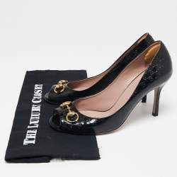 Pre Owned حذاء كعب عالي غوتشي هورسبيت جلد لامع ميكروغوتشيسيما أسود مقدمة مفتوحة مقاس 38.5