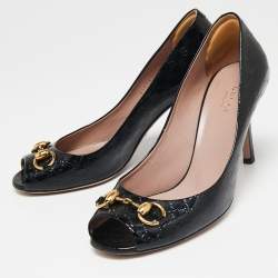 Pre Owned حذاء كعب عالي غوتشي هورسبيت جلد لامع ميكروغوتشيسيما أسود مقدمة مفتوحة مقاس 38.5