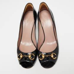 Pre Owned حذاء كعب عالي غوتشي هورسبيت جلد لامع ميكروغوتشيسيما أسود مقدمة مفتوحة مقاس 38.5