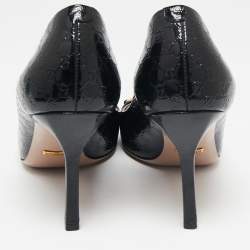 Pre Owned حذاء كعب عالي غوتشي هورسبيت جلد لامع ميكروغوتشيسيما أسود مقدمة مفتوحة مقاس 38.5