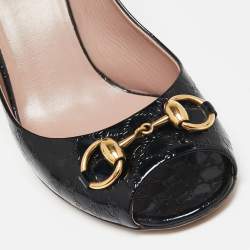 Pre Owned حذاء كعب عالي غوتشي هورسبيت جلد لامع ميكروغوتشيسيما أسود مقدمة مفتوحة مقاس 38.5