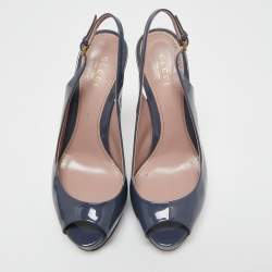 Gucci Slate Grey Patent Leather Peep-Toe Platform Slingback Sandals Size 35.5