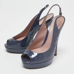 Gucci Slate Grey Patent Leather Peep-Toe Platform Slingback Sandals Size 35.5