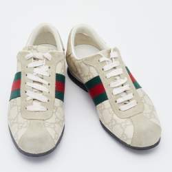 Gucci Off-White Guccissima Leather And Suede Web Low Top Sneakers Size 36