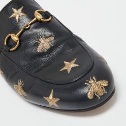 Pre Owned Gucci Black Leather Bee and Star Embroidered Princetown Flat Mules Size 37
