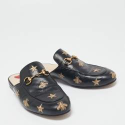 Pre Owned Gucci Black Leather Bee and Star Embroidered Princetown Flat Mules Size 37