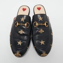 Pre Owned Gucci Black Leather Bee and Star Embroidered Princetown Flat Mules Size 37