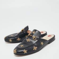 Pre Owned Gucci Black Leather Bee and Star Embroidered Princetown Flat Mules Size 37