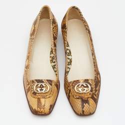 Pre Owned حذاء باليرينا فلات غوتشي حي متداخلة جلد ثعبان بني/بيج مقاس 37