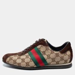 مملوكة مسبقًا Gucci Beige/Brown GG Canvas and Suede Web Low Top Sneakers Size 37.5