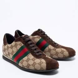 مملوكة مسبقًا Gucci Beige/Brown GG Canvas and Suede Web Low Top Sneakers Size 37.5