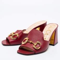 Pre Owned Gucci Burgundy Leather Horsebit  Slide Sandals Size 38