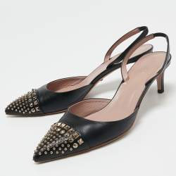 مملوكة مسبقًا Gucci Black Leather Studded Pointed Toe Slingback Pumps Size 39.5