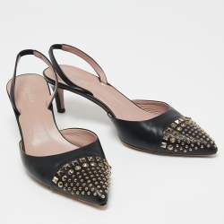 مملوكة مسبقًا Gucci Black Leather Studded Pointed Toe Slingback Pumps Size 39.5