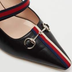 Pre Owned حذاء سلايد غوتشي هورسبيت إيما ويب جلد أسود/أحمر بحزام مقاس 42