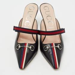 Pre Owned حذاء سلايد غوتشي هورسبيت إيما ويب جلد أسود/أحمر بحزام مقاس 42