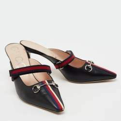 Pre Owned حذاء سلايد غوتشي هورسبيت إيما ويب جلد أسود/أحمر بحزام مقاس 42