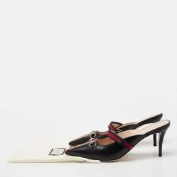 Pre Owned حذاء سلايد غوتشي هورسبيت إيما ويب جلد أسود/أحمر بحزام مقاس 42