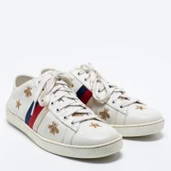 Pre Owned Gucci Off White Leather Ace Bee And Stars Embroidered Low Top Sneakers Size 39