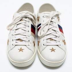 Pre Owned Gucci Off White Leather Ace Bee And Stars Embroidered Low Top Sneakers Size 39
