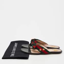 Gucci Black Leather Web  Bow Accent Thong Sandals Size 37