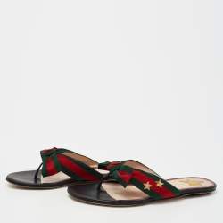 Gucci Black Leather Web  Bow Accent Thong Sandals Size 37