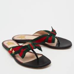 Gucci Black Leather Web  Bow Accent Thong Sandals Size 37