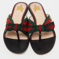 Gucci Black Leather Web  Bow Accent Thong Sandals Size 37
