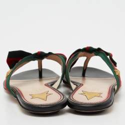 Gucci Black Leather Web  Bow Accent Thong Sandals Size 37