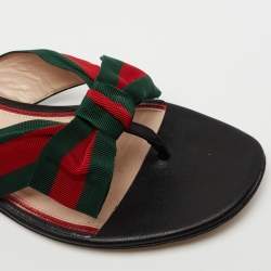 Gucci Black Leather Web  Bow Accent Thong Sandals Size 37