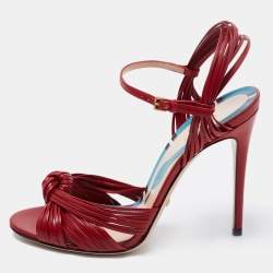 Pre Owned صندل غوتشي ألي سيور جلد حمراء سير كاحل فتحة كعب مقاس 36.5