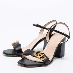 مملوكة مسبقًا Gucci Black Leather GG Marmont Block Heel Ankle Strap Sandals Size 37