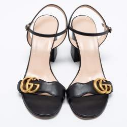 مملوكة مسبقًا Gucci Black Leather GG Marmont Block Heel Ankle Strap Sandals Size 37