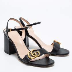 مملوكة مسبقًا Gucci Black Leather GG Marmont Block Heel Ankle Strap Sandals Size 37