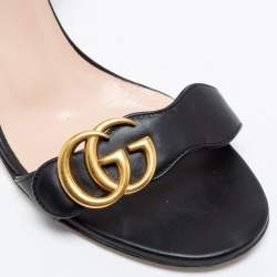 مملوكة مسبقًا Gucci Black Leather GG Marmont Block Heel Ankle Strap Sandals Size 37