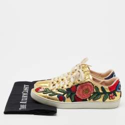 Pre Owned Gucci Gold Leather Floral Embroidered Ace Low-Top Sneakers Size 36.5