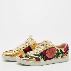 Pre Owned Gucci Gold Leather Floral Embroidered Ace Low-Top Sneakers Size 36.5