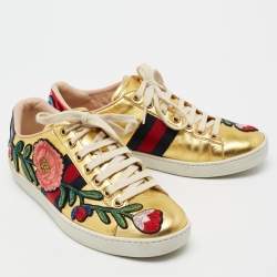 Pre Owned Gucci Gold Leather Floral Embroidered Ace Low-Top Sneakers Size 36.5