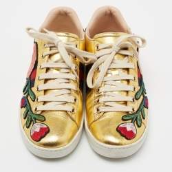 Pre Owned Gucci Gold Leather Floral Embroidered Ace Low-Top Sneakers Size 36.5