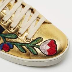 Pre Owned Gucci Gold Leather Floral Embroidered Ace Low-Top Sneakers Size 36.5
