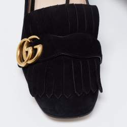 Pre Owned Gucci Black Suede GG Marmont Fringe Block Heel Pumps Size 38.5